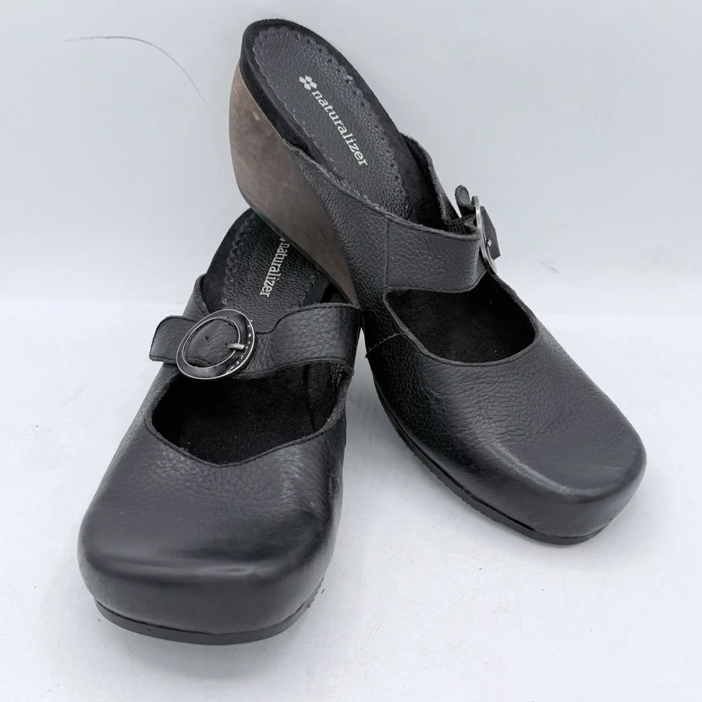 Naturalizer Gagan Black Leather Mary Jane Mules Wedge Shoes Buckle Women's Sz 10